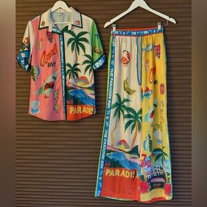 Colorful Tropical Print Shirt and Pants Set